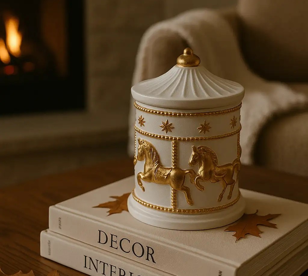 🕯 شمع سرامیکی کاروسل | ترکیب هنر، نوستالژی و رایحهای زمستونی شمع سرامیکی کاروسل ساخته شده از موم ۱۰۰٪ گیاهی سویا معطر با رایحه زمستونی Fresh & Spicy ساخته شده با اسانسهای طبیعی: یاس، وانیل و لوندر. در سه رنگ خاص : سفید یکدست، سفید/صورتی و سفید/طلایی با بستهبندی جعبهای مناسب هدیه. انتخابی لوکس برای شبهای زمستونی و هدیههای کریسمسی اندازه: قُطر ۹، ارتفاع ۱۲ سانت شمع سرامیکی کاروسل