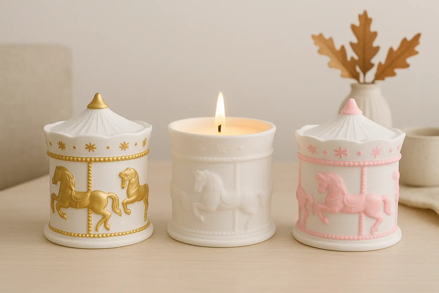 🕯 شمع سرامیکی کاروسل | ترکیب هنر، نوستالژی و رایحهای زمستونی شمع سرامیکی کاروسل ساخته شده از موم ۱۰۰٪ گیاهی سویا معطر با رایحه زمستونی Fresh & Spicy ساخته شده با اسانسهای طبیعی: یاس، وانیل و لوندر. در سه رنگ خاص : سفید یکدست، سفید/صورتی و سفید/طلایی با بستهبندی جعبهای مناسب هدیه. انتخابی لوکس برای شبهای زمستونی و هدیههای کریسمسی اندازه: قُطر ۹، ارتفاع ۱۲ سانت شمع سرامیکی کاروسل | شمع کریسمسی معطر با رایحه Fresh & Spicy