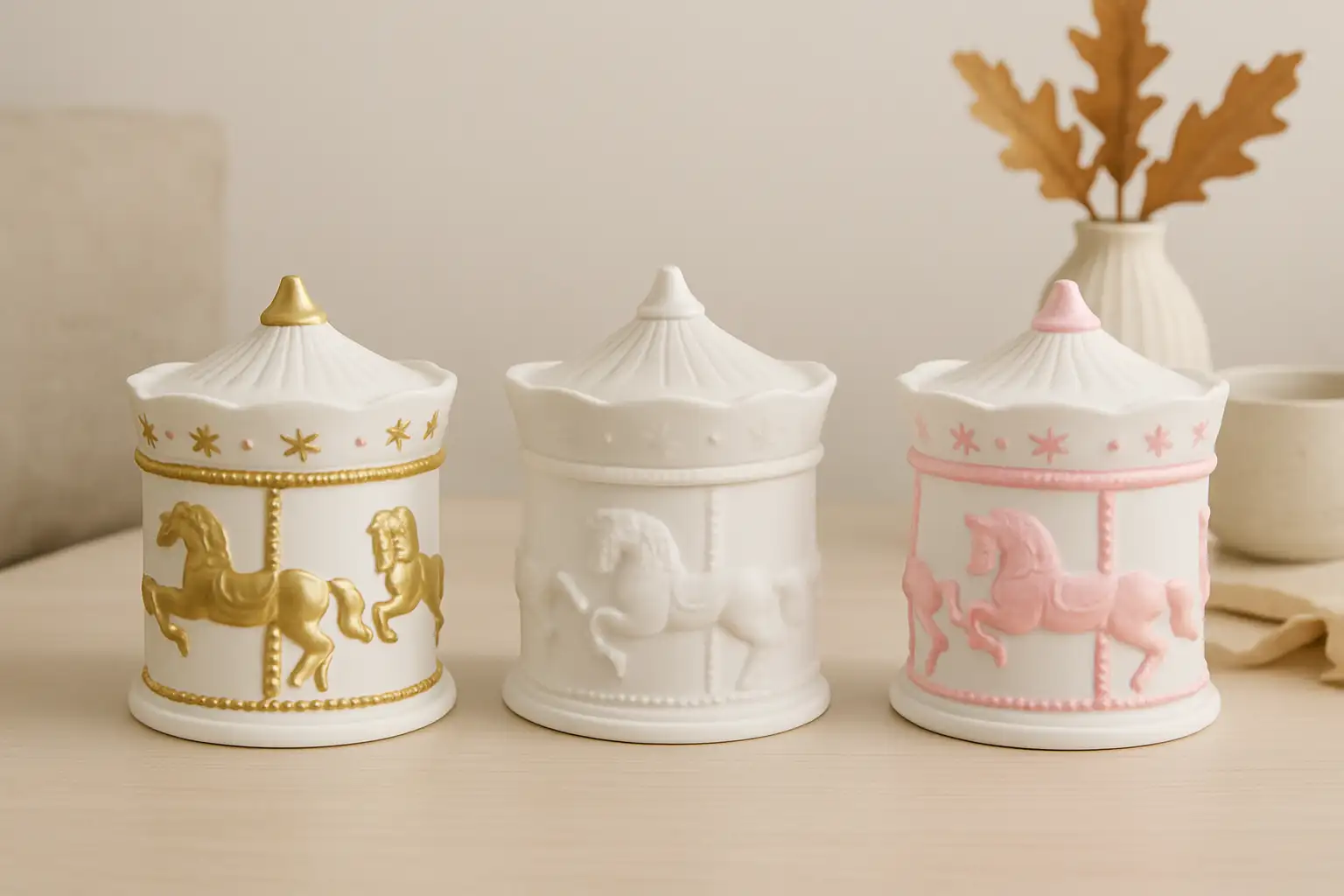 🕯 شمع سرامیکی کاروسل | ترکیب هنر، نوستالژی و رایحهای زمستونی شمع سرامیکی کاروسل ساخته شده از موم ۱۰۰٪ گیاهی سویا معطر با رایحه زمستونی Fresh & Spicy ساخته شده با اسانسهای طبیعی: یاس، وانیل و لوندر. در سه رنگ خاص : سفید یکدست، سفید/صورتی و سفید/طلایی با بستهبندی جعبهای مناسب هدیه. انتخابی لوکس برای شبهای زمستونی و هدیههای کریسمسی اندازه: قُطر ۹، ارتفاع ۱۲ سانت شمع سرامیکی کاروسل | شمع کریسمسی معطر با رایحه Fresh & Spicy