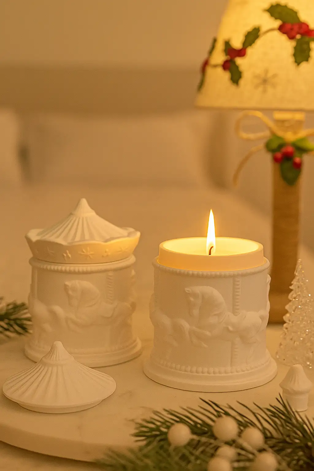 🕯 شمع سرامیکی کاروسل | ترکیب هنر، نوستالژی و رایحهای زمستونی شمع سرامیکی کاروسل ساخته شده از موم ۱۰۰٪ گیاهی سویا معطر با رایحه زمستونی Fresh & Spicy ساخته شده با اسانسهای طبیعی: یاس، وانیل و لوندر. در سه رنگ خاص : سفید یکدست، سفید/صورتی و سفید/طلایی با بستهبندی جعبهای مناسب هدیه. انتخابی لوکس برای شبهای زمستونی و هدیههای کریسمسی اندازه: قُطر ۹، ارتفاع ۱۲ سانت شمع سرامیکی کاروسل | شمع کریسمسی معطر با رایحه Fresh & Spicy