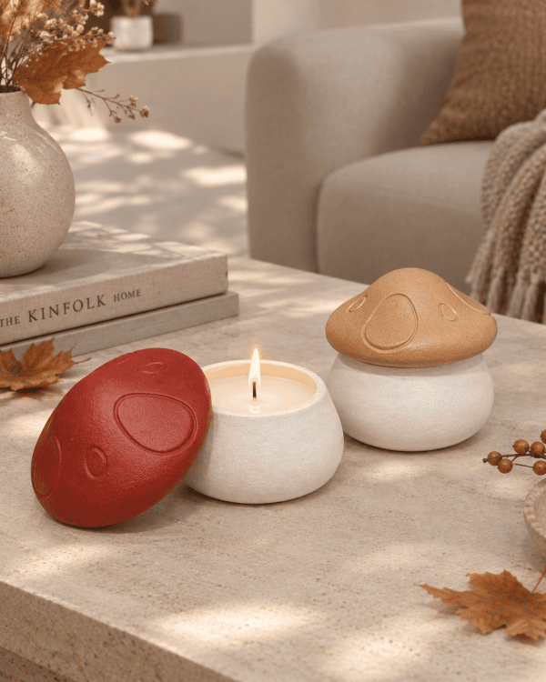 شمع معطر پاییزی قارچی | شمع سویا طبیعی با ظرف سنگی | سو کندل